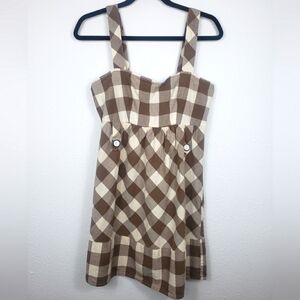 Vintage Y2K Delia's Brown & Cream Gingham Print Smocked Back Cotton Dress Medium